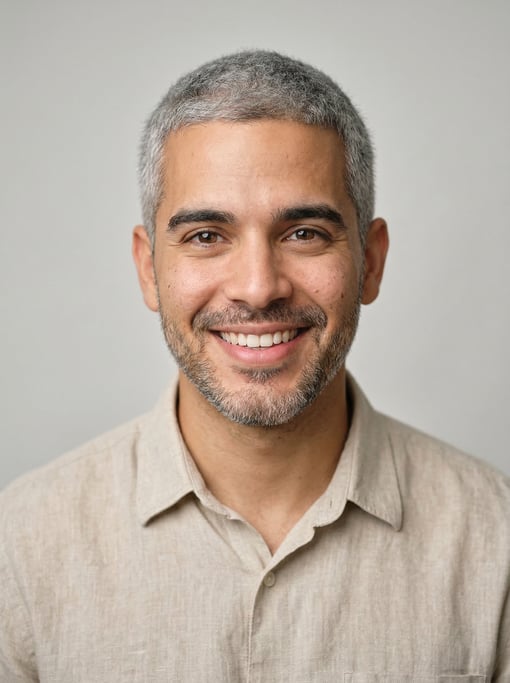 Professional studio headshot of a 25-year-old Puerto Rican man with fully grey short cropped hair