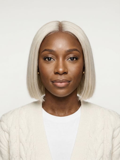 Professional studio headshot of a 28-year-old Nigerian woman with a blunt bob in platinum blonde