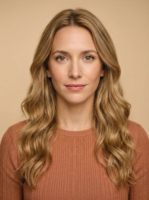 Professional studio headshot of a 29-year-old Argentinian woman with long wavy honey blonde hair