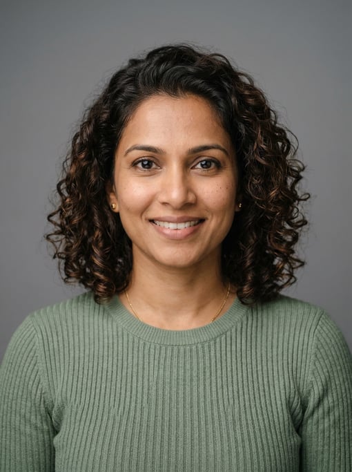 Professional studio headshot of a 37-year-old Sri Lankan woman with shoulder-length curly dark brown