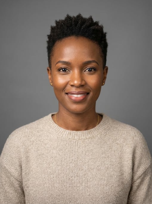 Professional studio headshot of a 34-year-old East African woman with a tapered natural cut in dark