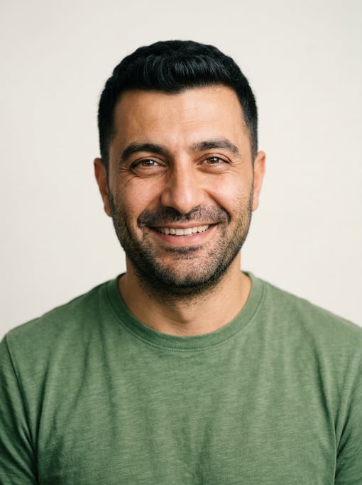 Professional studio headshot of a 35-year-old Turkish man with a Caesar cut in black