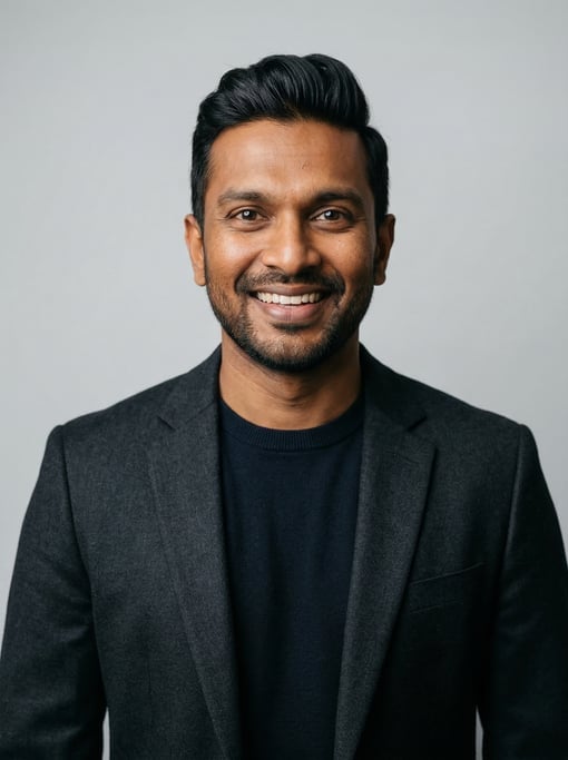 Professional studio headshot of a 39-year-old Sri Lankan man with a quiff in black