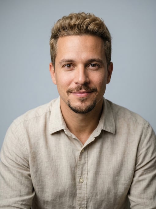 Professional studio headshot of a 31-year-old Brazilian man with short dirty blonde hair, a goatee