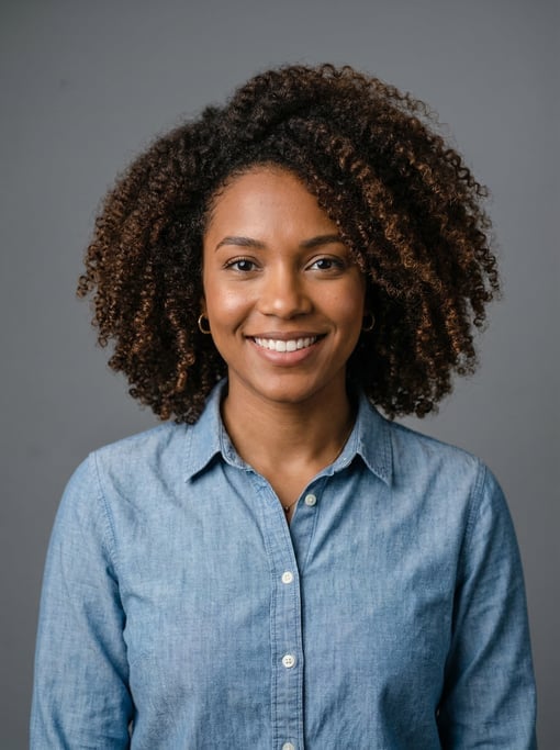 Professional studio headshot of a 28-year-old Brazilian woman with shoulder-length coily natural hai