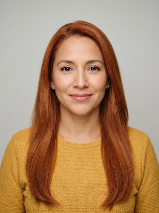 Professional studio headshot of a 39-year-old Latina woman with long straight copper red hair