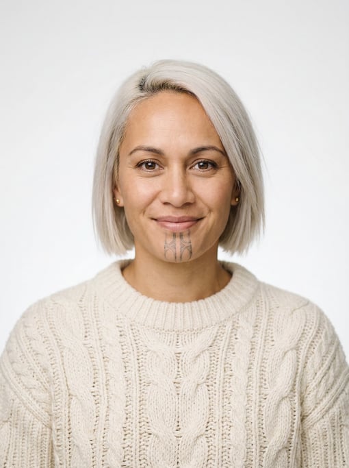 Professional studio headshot of a 36-year-old Maori woman with a blunt bob in platinum blonde