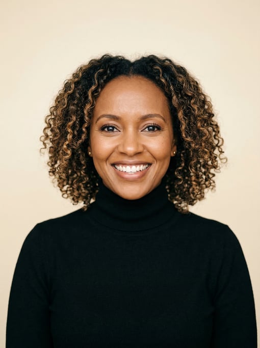 Professional studio headshot of a 39-year-old East African woman with a textured lob with balayage h