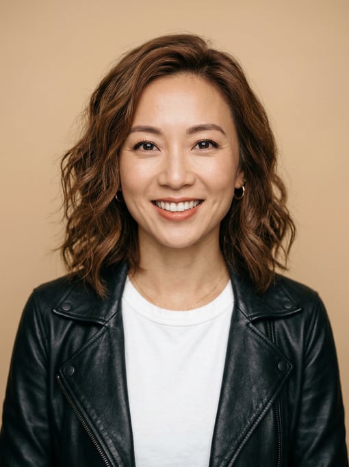 Professional studio headshot of a 33-year-old Chinese woman with shoulder-length wavy chestnut hair
