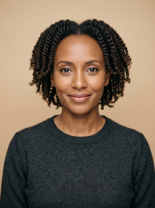 Professional studio headshot of a 37-year-old Ethiopian woman with twist-outs in dark brown