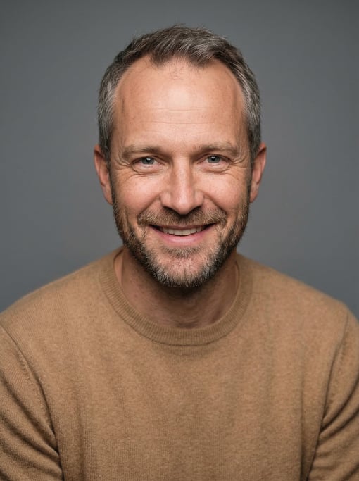 Professional studio headshot of a 37-year-old White Nordic man with receding hairline with short gre