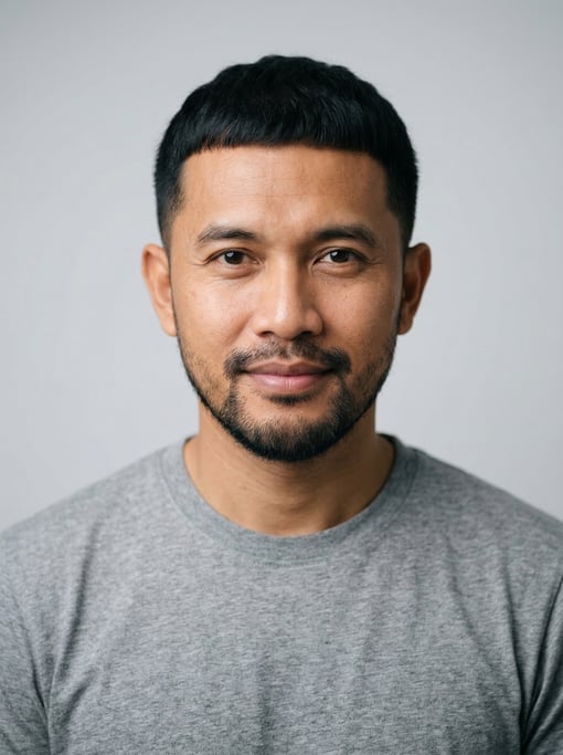 Professional studio headshot of a 40-year-old Indonesian man with a Caesar cut in black