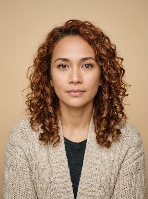Professional studio headshot of a 35-year-old Indonesian woman with shoulder-length curly auburn hai