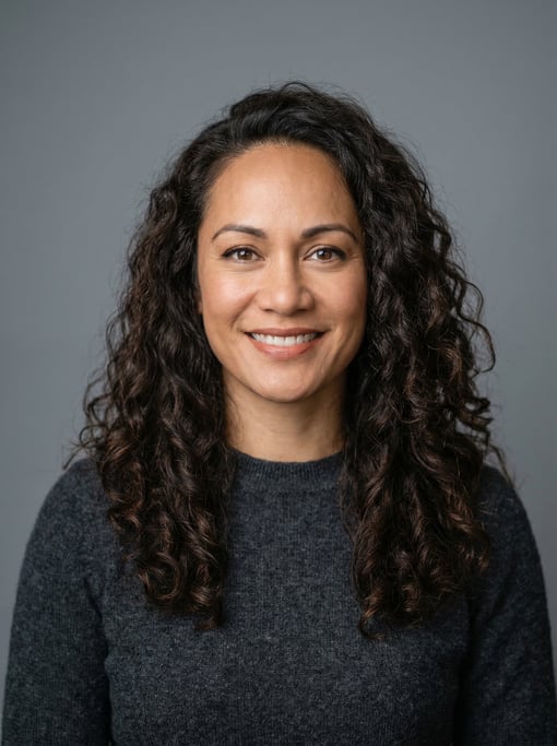 Professional studio headshot of a 37-year-old Polynesian woman with long loose curls in dark brown