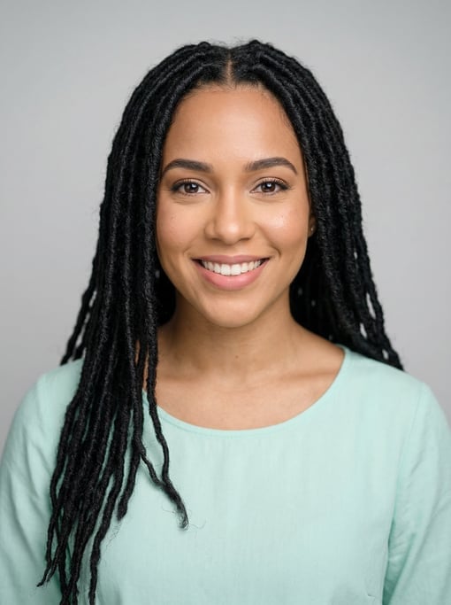 Professional studio headshot of a 26-year-old Dominican woman with long faux locs in black