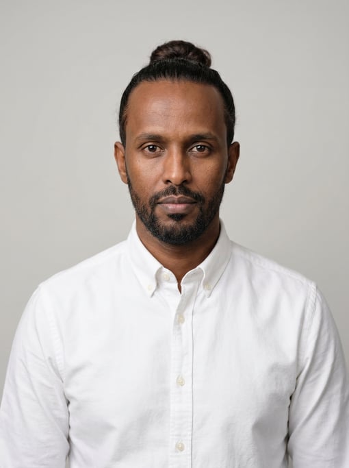 Professional studio headshot of a 40-year-old Somali man with a man bun in dark brown