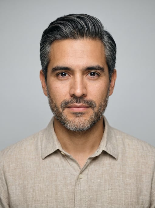 Professional studio headshot of a 30-year-old Mexican man with silver-streaked dark hair combed back