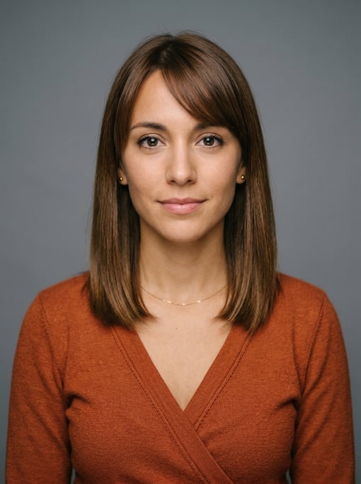 Professional studio headshot of a 27-year-old Argentinian woman with shoulder-length straight brown