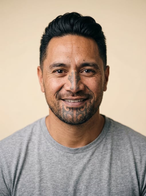 Professional studio headshot of a 40-year-old Maori man with a quiff in black