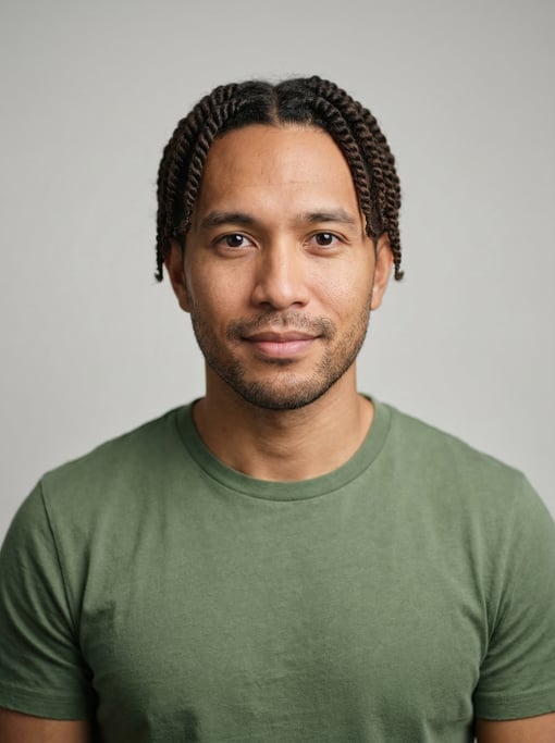Professional studio headshot of a 32-year-old Southeast Asian man with twists in dark brown