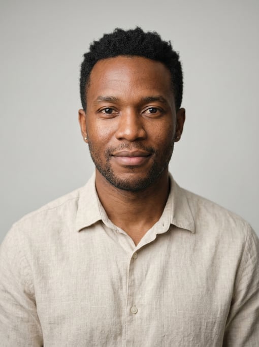 Professional studio headshot of a 30-year-old East African man with short textured black hair