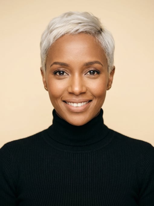 Professional studio headshot of a 31-year-old East African woman with a short pixie cut in platinum