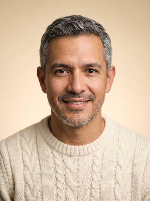 Professional studio headshot of a 38-year-old Colombian man with short salt-and-pepper hair neatly c