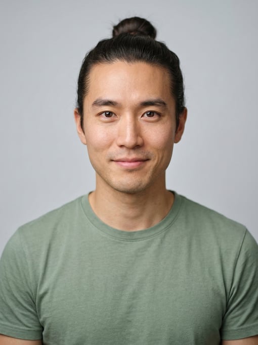 Professional studio headshot of a 28-year-old Korean man with a man bun in dark brown