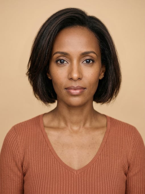 Professional studio headshot of a 37-year-old Ethiopian woman with a chin-length bob in dark brown