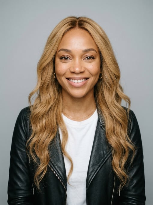 Professional studio headshot of a 29-year-old Nigerian woman with long wavy honey blonde hair