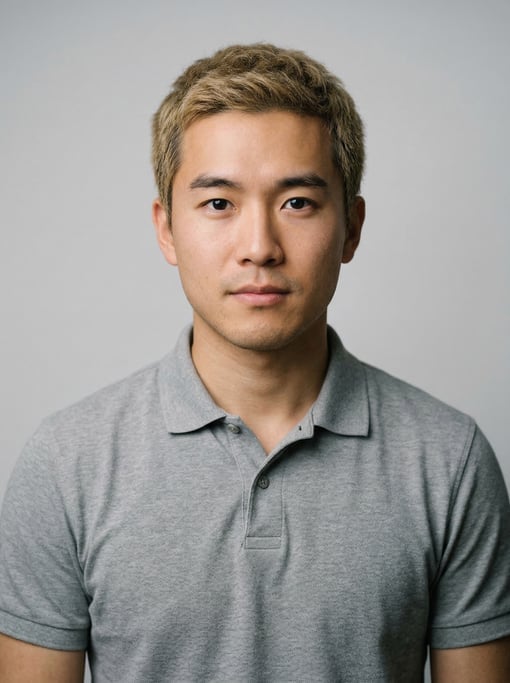 Professional studio headshot of a 26-year-old East Asian man with short dirty blonde hair