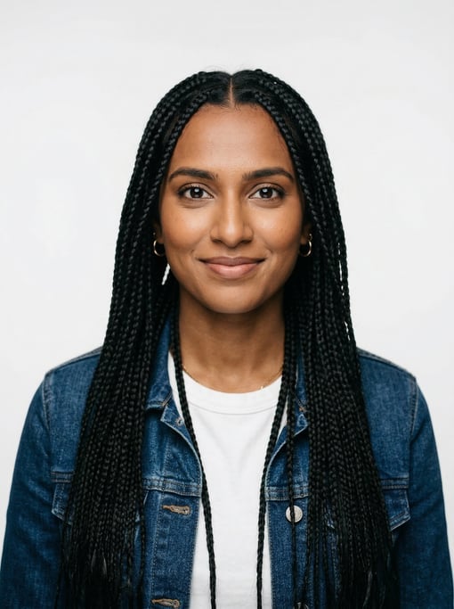 Professional studio headshot of a 30-year-old Pakistani woman with long box braids in black