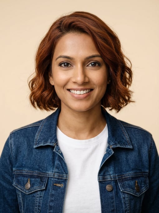 Professional studio headshot of a 32-year-old Sri Lankan woman with a chin-length bob in auburn