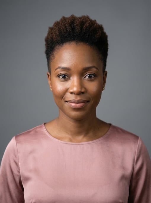 Professional studio headshot of a 34-year-old Black African woman with a tapered natural cut in dark