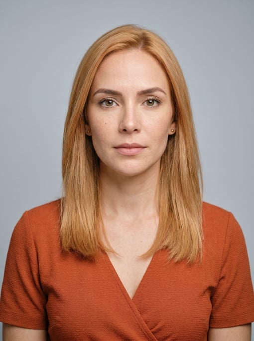 Professional studio headshot of a 31-year-old Colombian woman with fine straight strawberry blonde h