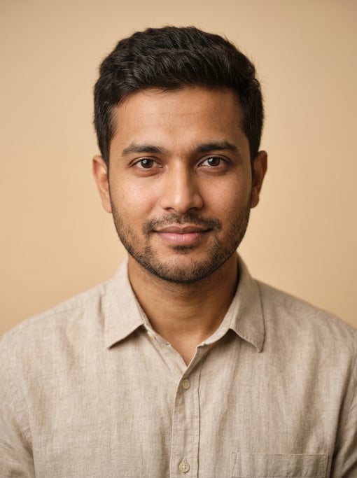 Professional studio headshot of a 26-year-old Bengali man with short textured dark brown hair