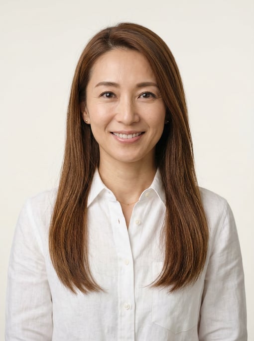 Professional studio headshot of a 40-year-old Japanese woman with long straight chestnut hair