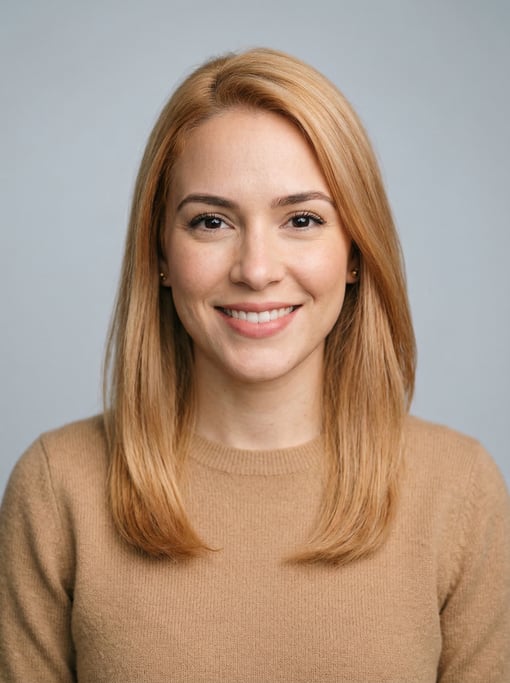 Professional studio headshot of a 26-year-old Puerto Rican woman with fine straight strawberry blond