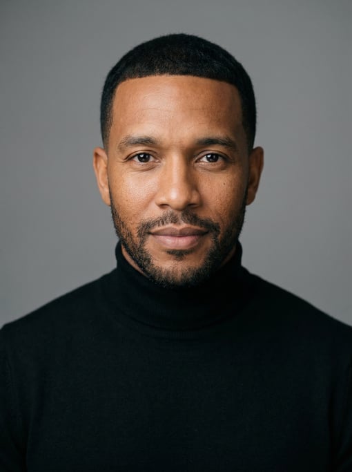 Professional studio headshot of a 40-year-old Jamaican man with a Caesar cut in black