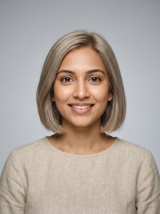Professional studio headshot of a 26-year-old Indian woman with a chin-length bob in ash blonde