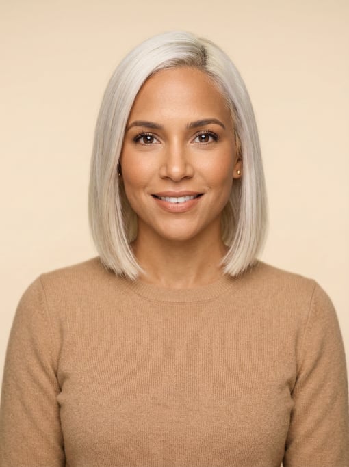 Professional studio headshot of a 33-year-old Dominican woman with a blunt bob in platinum blonde