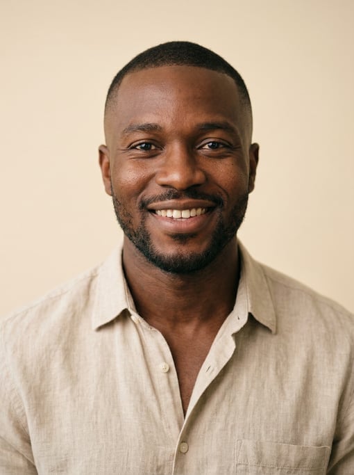 Professional studio headshot of a 31-year-old West African man with a short clean fade
