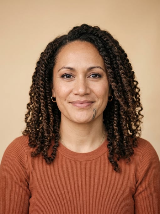 Professional studio headshot of a 36-year-old Maori woman with twist-outs in dark brown