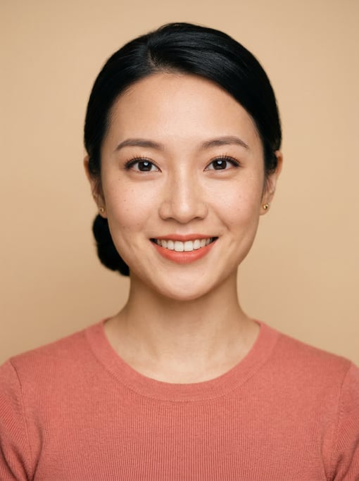 Professional studio headshot of a 26-year-old Chinese woman with a sleek low bun in black