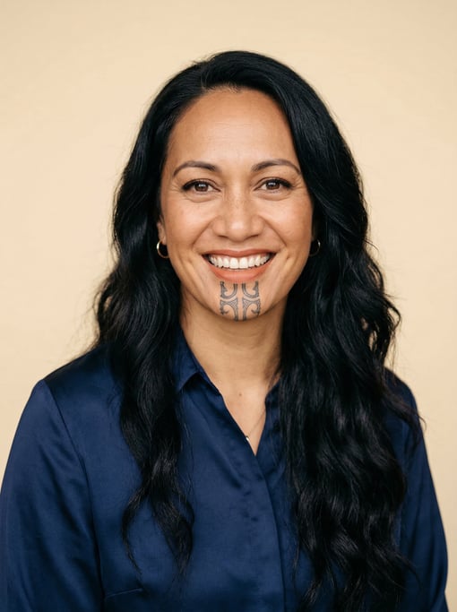 Professional studio headshot of a 40-year-old Maori woman with long wavy black hair