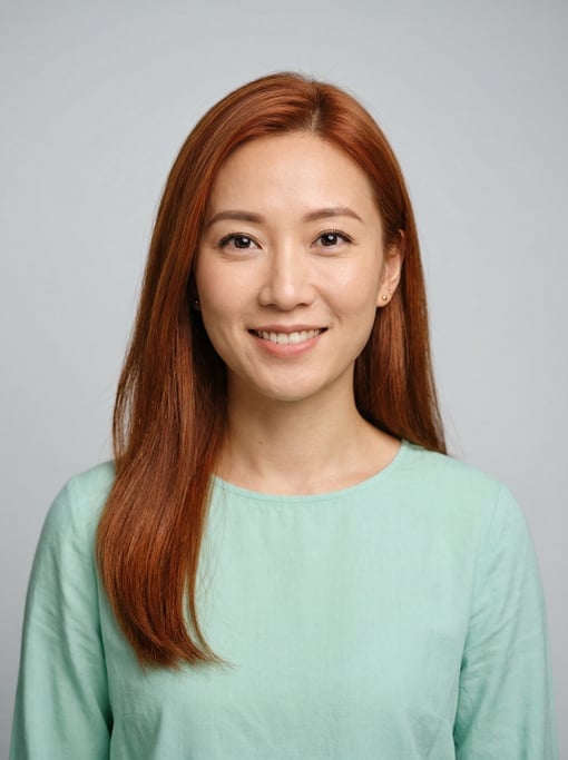Professional studio headshot of a 30-year-old Chinese woman with long straight copper red hair
