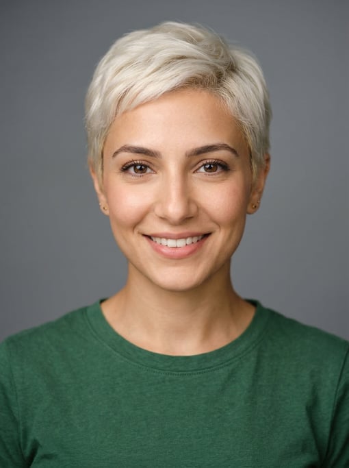Professional studio headshot of a 27-year-old Lebanese woman with a short pixie cut in platinum blon