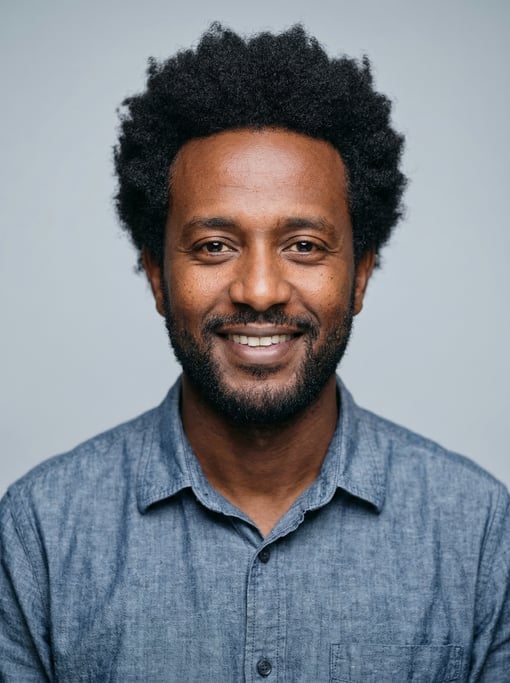 Professional studio headshot of a 35-year-old Ethiopian man with thick coarse black hair with natura