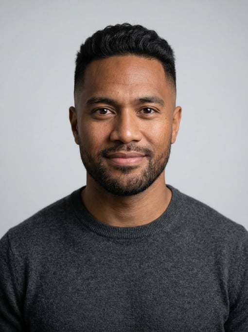 Professional studio headshot of a 31-year-old Polynesian man with a mid fade with textured top