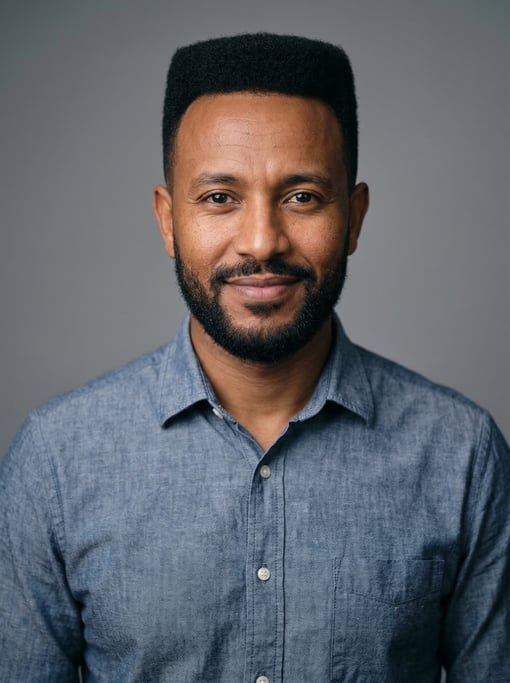 Professional studio headshot of a 37-year-old Ethiopian man with a flat top in black